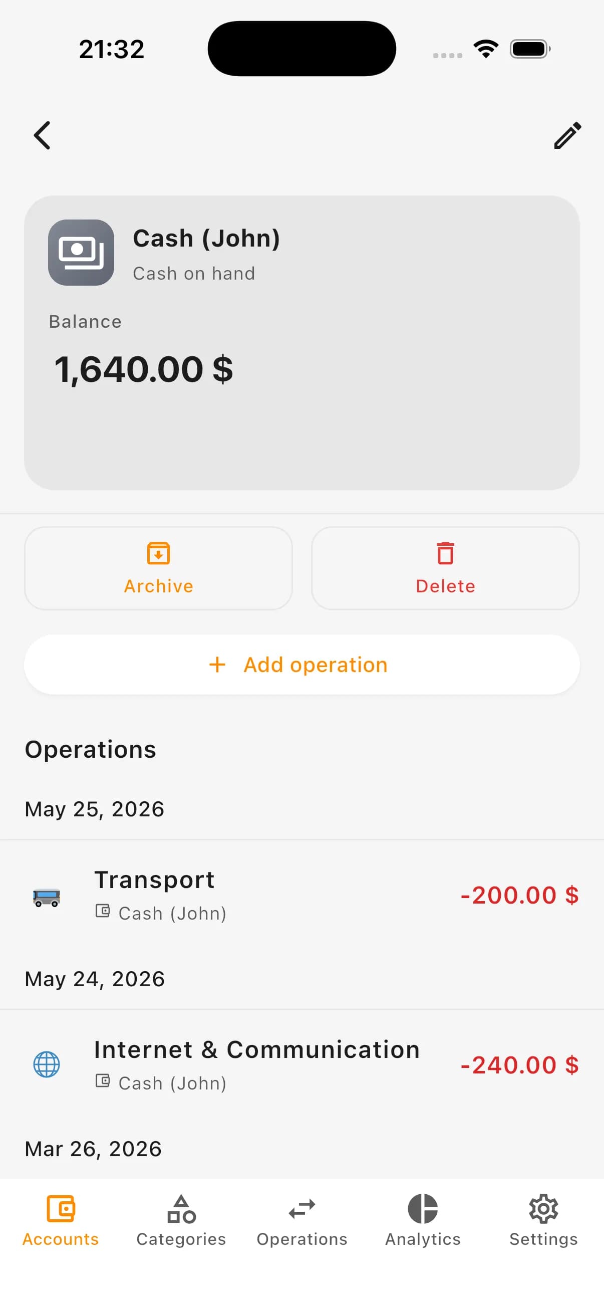 Écran du compte Kiso Money