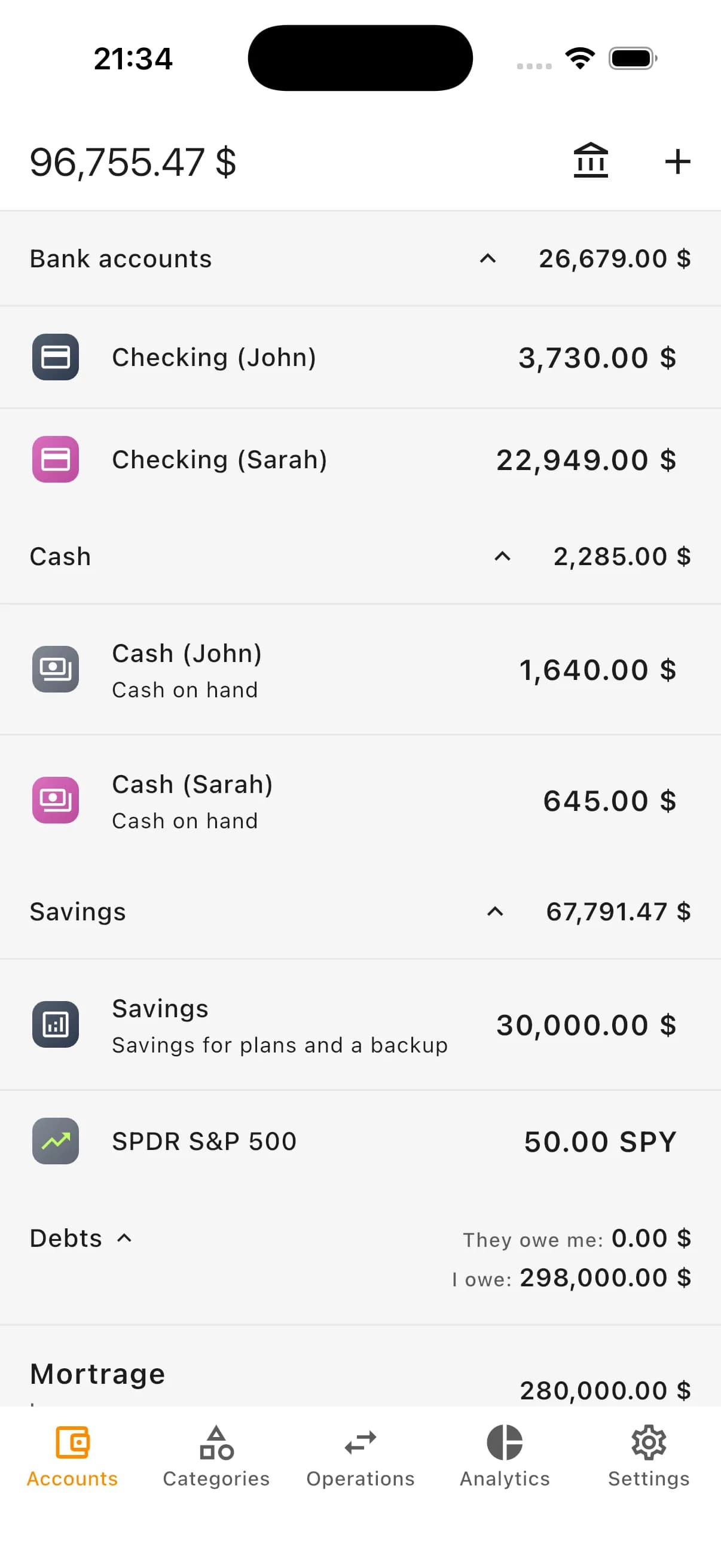 Kiso Money Screenshot: Kontoliste und Gesamtsaldo