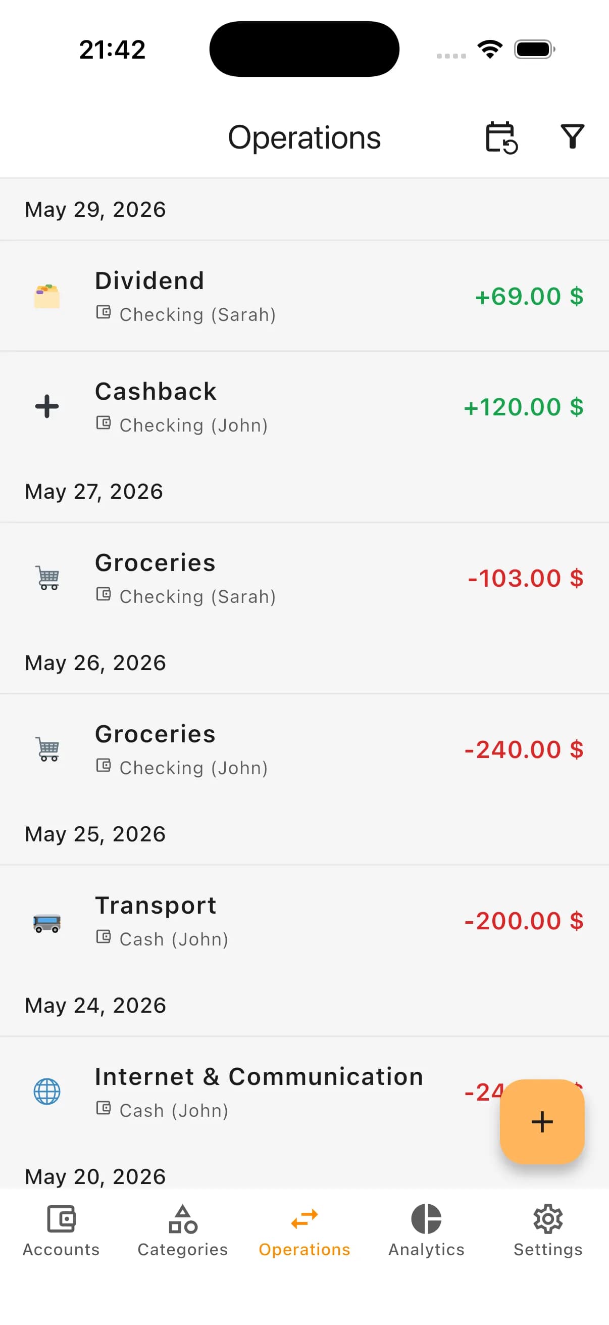Operations feed with accounts