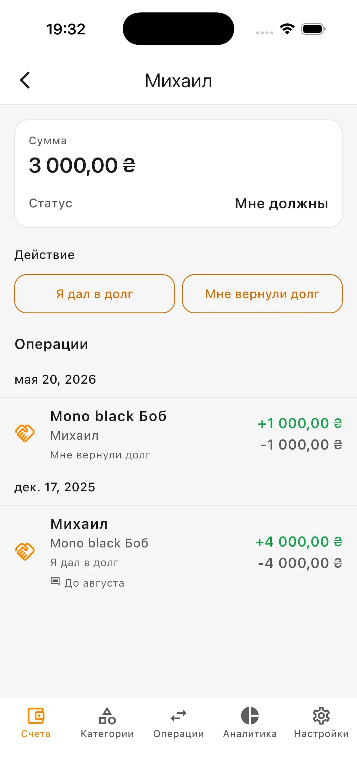 Карточка долга
