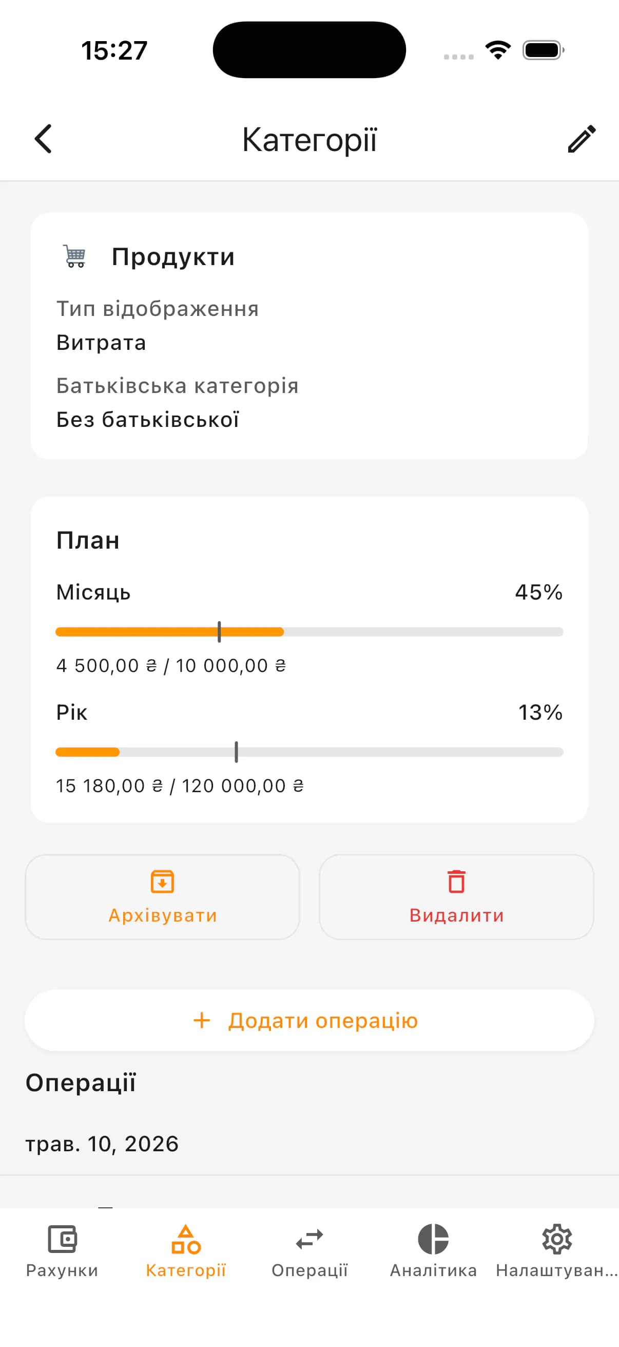 Екран планів за категорією